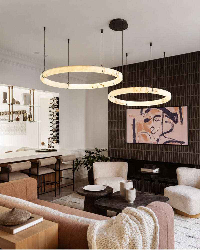 Alabaster Circular Halo Ring Cradled Arch Pendant Light - Natural Spanish Alabaster Rings, Serene Black Trim - Kitchens, Dining & Living Rooms