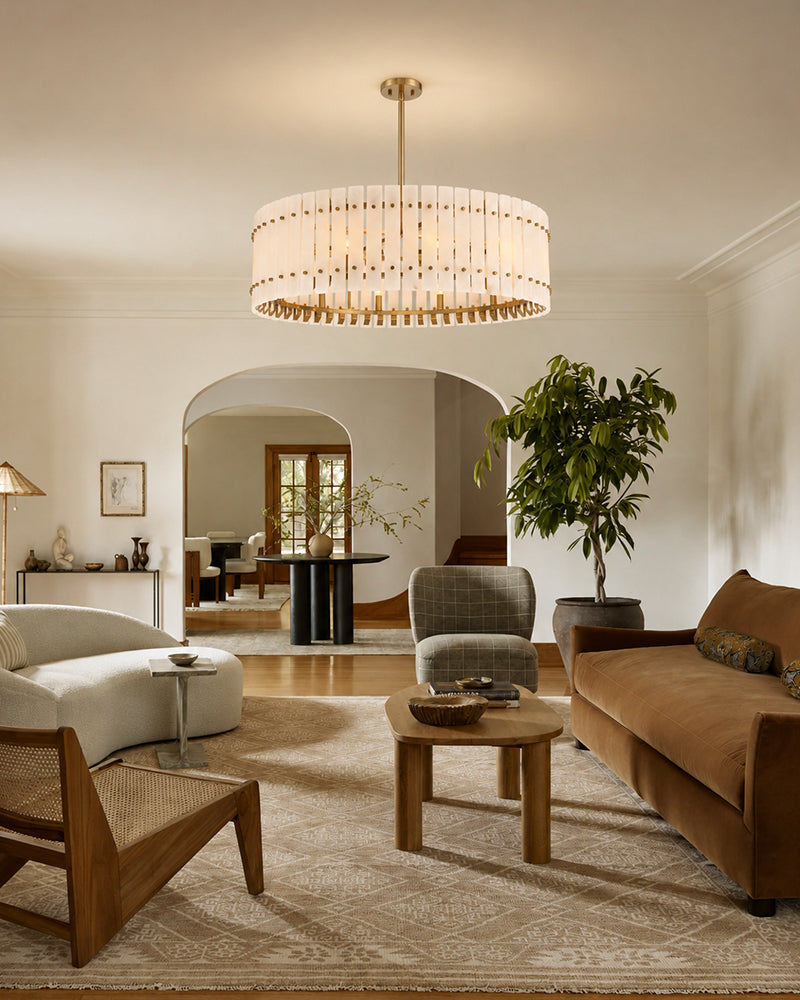 Burton Alabaster Gold Studded Panel Drum Pendant Light - Natural Spanish Alabaster Panels, Lux Gold Trim - Living Rooms & Dining Rooms
