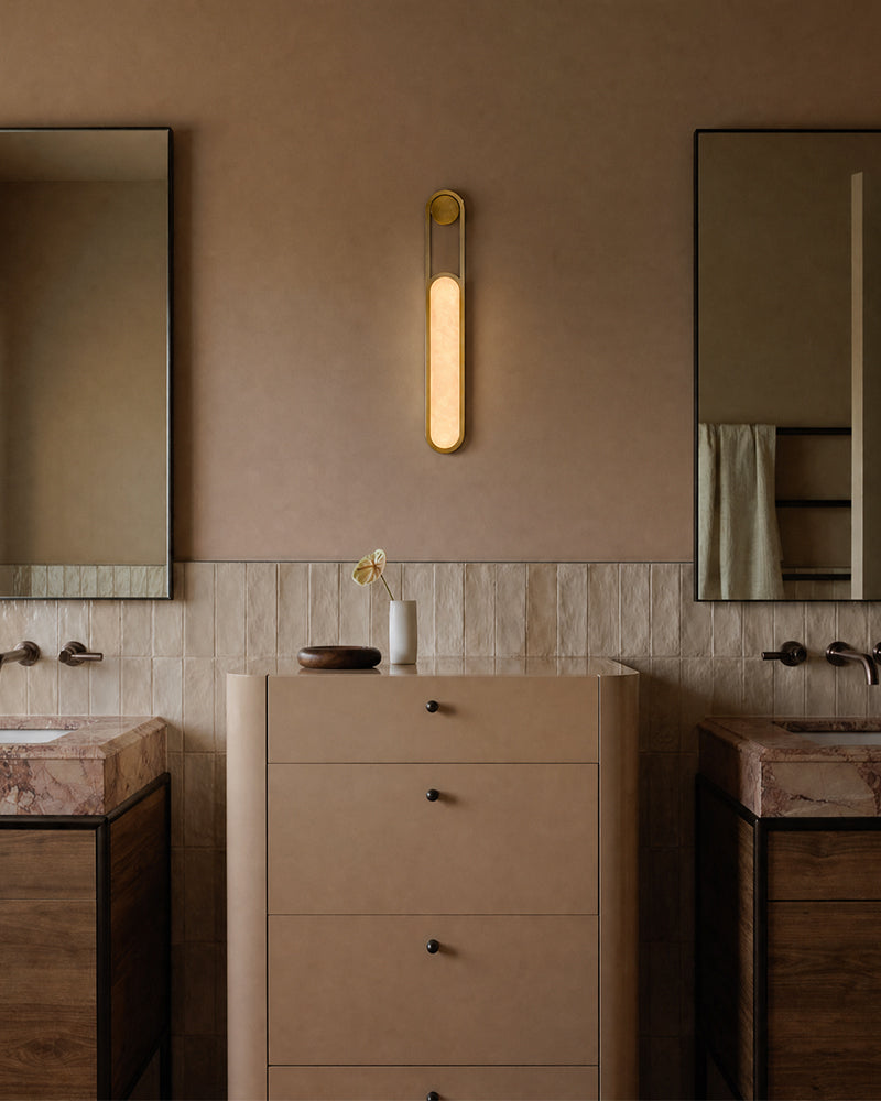 Alabaster Elongated Oval Capsule Gold Mounted Wall Light Sconce - Natural Spanish Alabaster Wall Lamp - Bedroom & Living Room