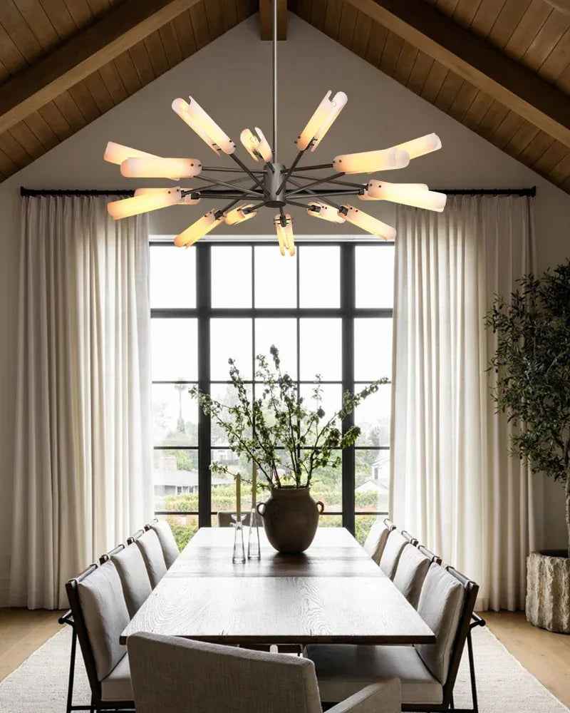 Knightsbridge Series Geometric Chandelier | Circular Solid Brass and Handmade Frosted Soda-Lime Glass, Artisan Patina Finish for Dining Rooms and Entryways American chandelier