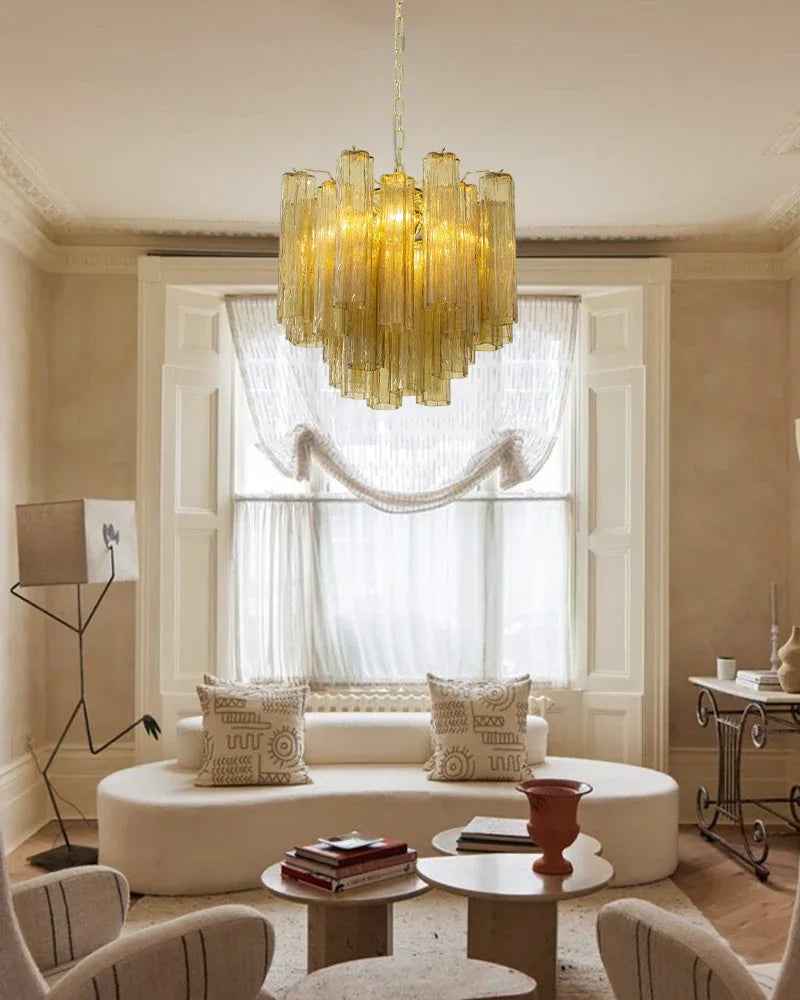 Cortina Series Cascading Chandelier | Multi-tiered Fluted Glass Handcrafted Fluted Murano-Inspired Amber Glass, Satin Brass for Grand Entrances and Dining Rooms American chandelier