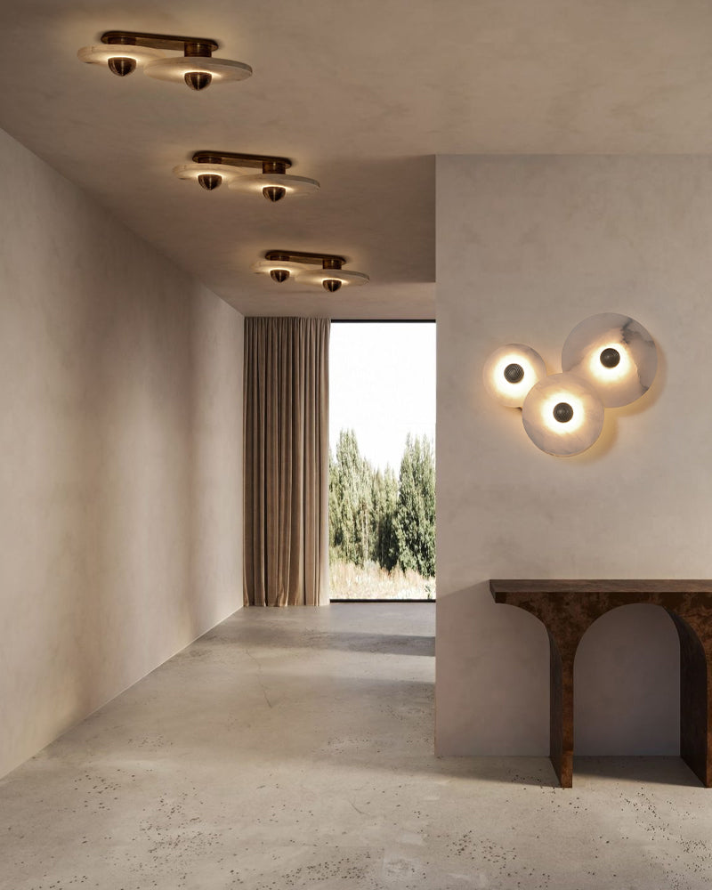 Modern Brass Hardwared Round Alabaster Conbination Plug-in Wall Lamp 10" Wide