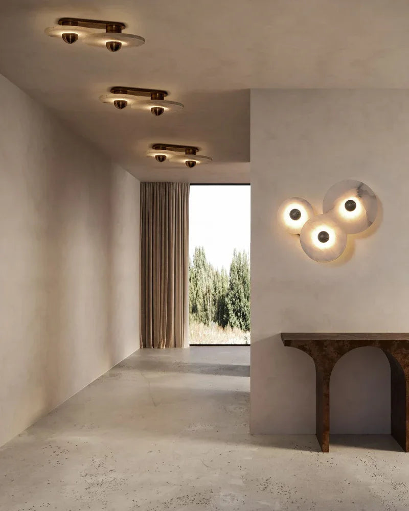 Modern Brass Hardwared Round Alabaster Conbination Plug-in Wall Lamp 10" Wide Modern Art Design Wall Lamp