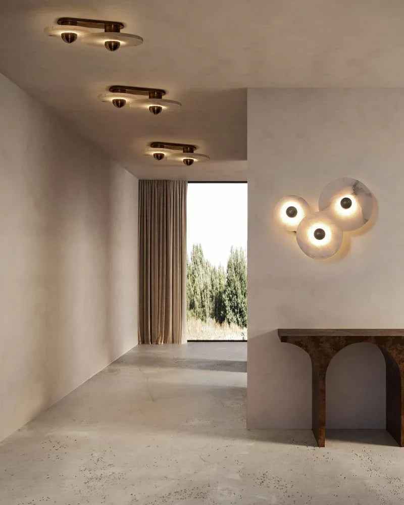 LightsStory Series Geometric Wall Lamp | Round Alabaster Natural veined alabaster planes and polished fluted brass, Polished fluted brass finish for Sophisticated living spaces and bedside accents Modern Art Design Wall Lamp
