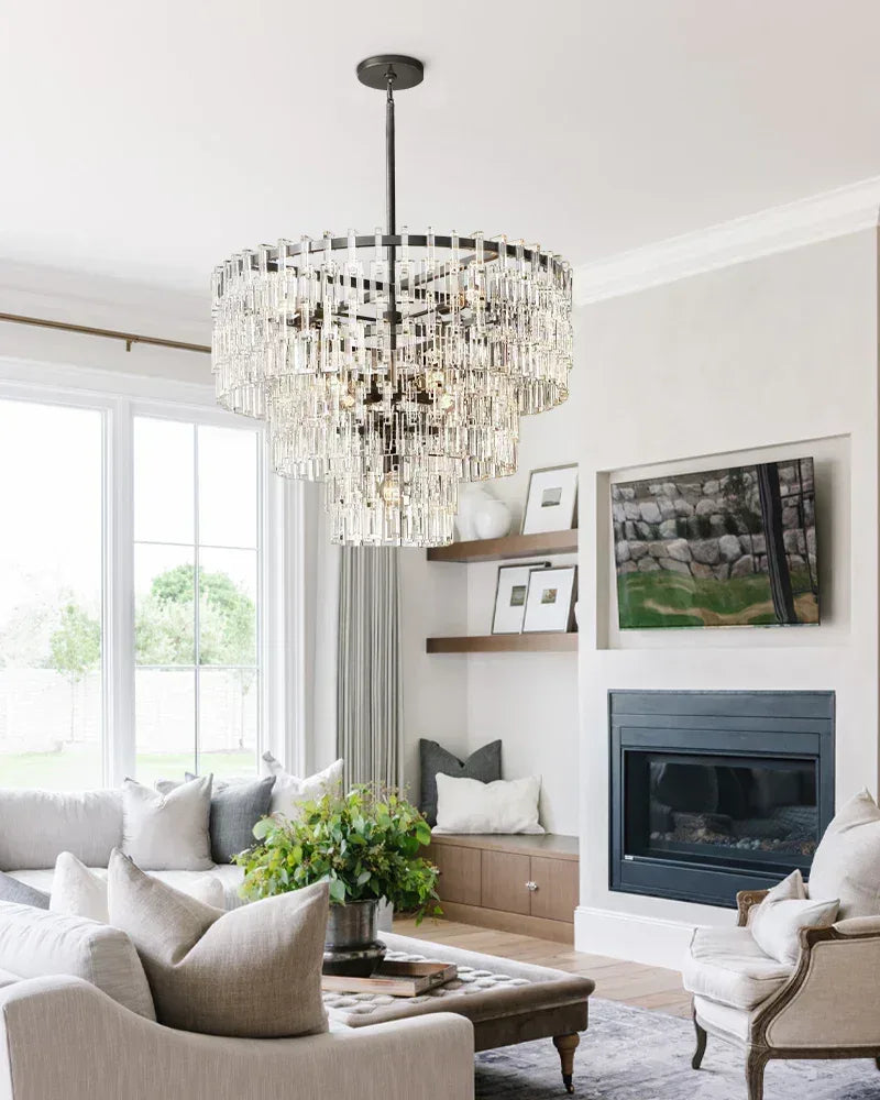 Montreux Series Cascading Chandelier | Four-Tier Round Hand-Set Prismatic Crystals & Interlocking Steel, Premium Gold or Matte Black for Grand Entryways, Dining Areas, and Living Rooms American chandelier