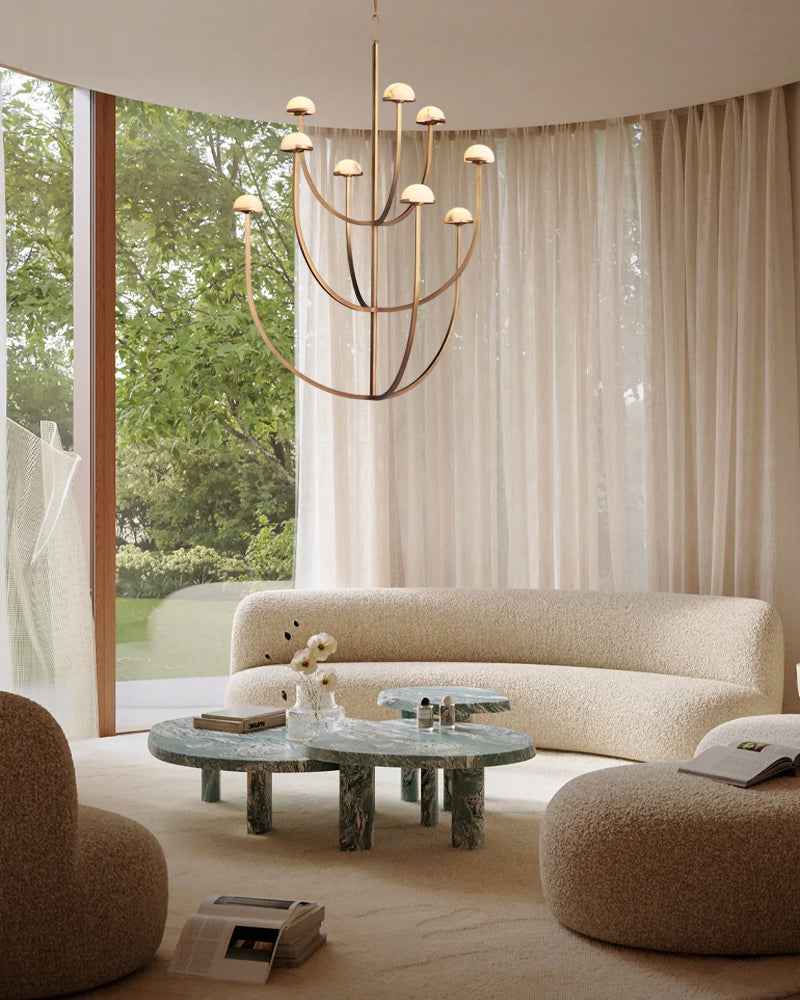 Comporta Series Geometric Chandelier | Two-Tier Hand-Carved Alabaster Domes with Burnished Brass and Black Metal, Antique Burnished Brass and Black Metal finish for Dining Rooms and Living Areas American chandelier
