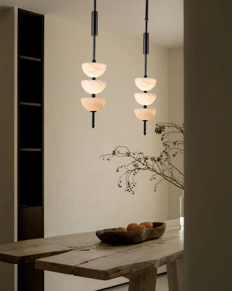 Alabaster Triple Half Spheres Vertical Suspension Lights Lacquered Burnished Brass/Black Modern Pendant lamp