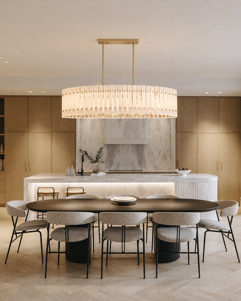 Burton Alabaster Gold Studded Panel Linear Oval Pendant Light - Natural Spanish Alabaster Panels, Lux Gold Trim - Kitchen Islands & Dining Rooms