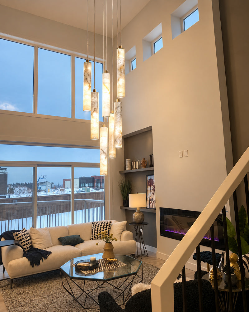 Cora Alabaster Halo Capsule Cluster Pendant Light - Natural Spanish Alabaster, Lux Gold Trim - Foyer, Stairwells & Living Rooms