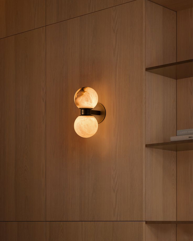 Modern LED Dual Alabaster Globe Wall Light Fixtures Wide 3" 5" | Brass/Bronze Metal