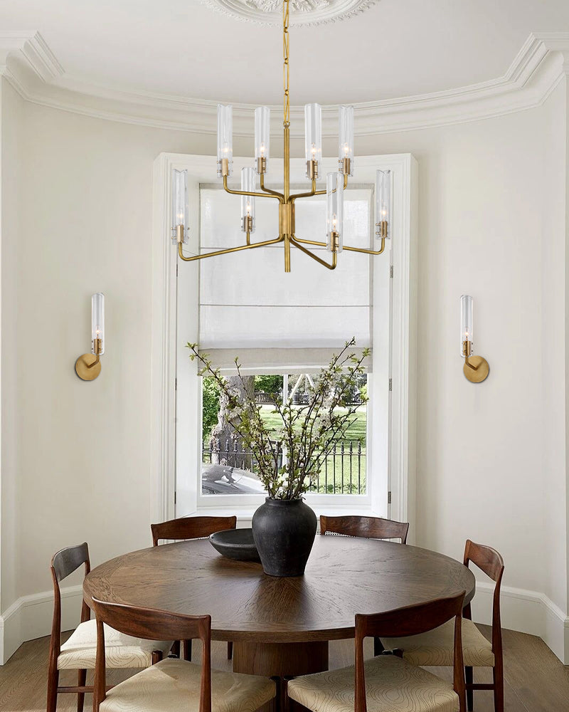 Brushed Chrome Metalwork Chandelier with Textured Slender Clear Glass Cylinders