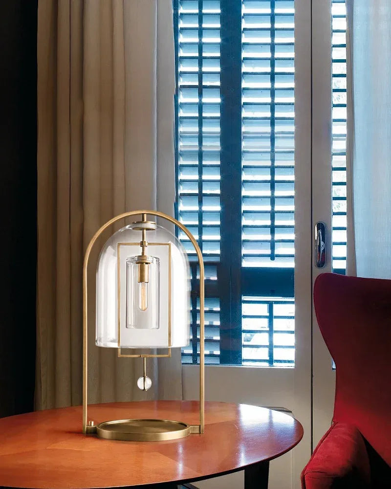 Brass Iron Frame Blown Glass Dome Shade Fulcrum Round Table Lamp 18" Vintage Simple Table Lamp