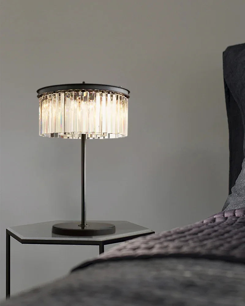Simplicity Cylinder Shape 2-Tier Crystal Table Lamp in Black Metal with Clear/Smoke Glass Modern Table lamp