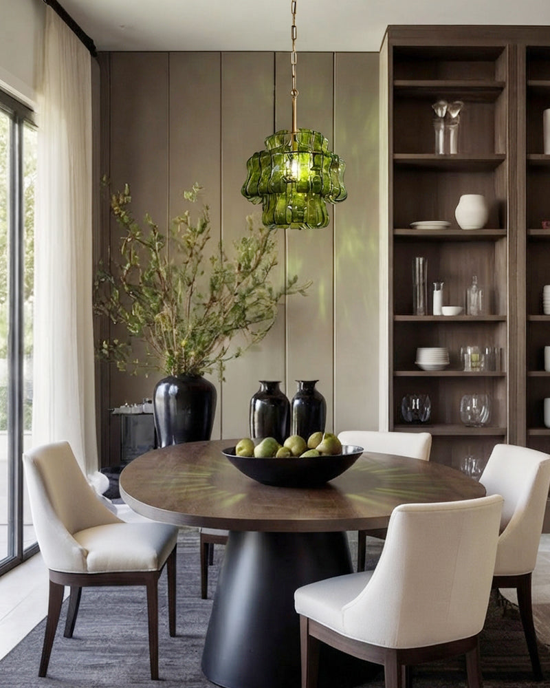 Brina Ghiaccio Murano Smoked Green Glass Lantern Drum Pendant Light - Textured Ice Glass, Lux Gold Trim - Kitchens, Dining Rooms & Living Rooms