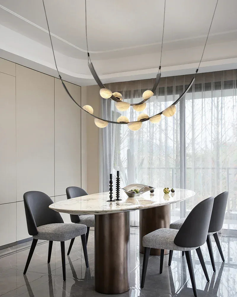 Leather pendant lamps with semicircular marble diffusers on a U-shaped strip metal base Modern Pendant lamp