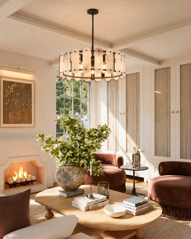 Black-trimmed oval alabaster pendant light with rows of stone panels