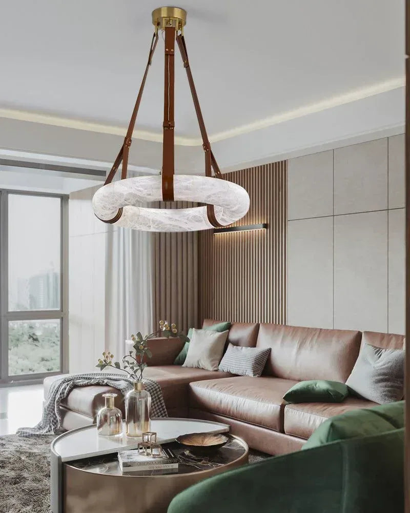 American Coastal LED Round White Marble Pendant Lighting with Brown Leather Belt American chandelier