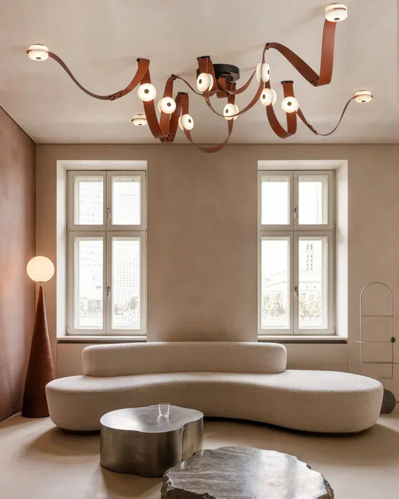 Modern Brass LED Alabaster Snaps Wall Sconce with Leather straps in Brown/Black/White Finish Brass Aged Wall Sconces