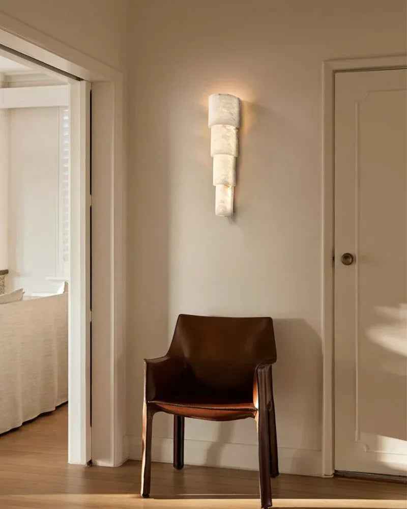 LightsStory Series Geometric Wall Sconce | Half Cylinder Hand-finished natural white alabaster stone and solid metal, Polished metal finish for Bedrooms, hallways, and dining spaces Modern Art Design Wall Lamp