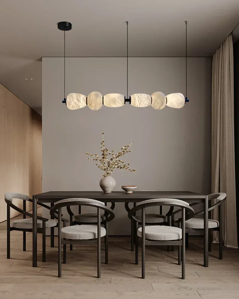 6-light Antique Brass String Hanging Light with Alabaster Stone Shade Modern Pendant lamp