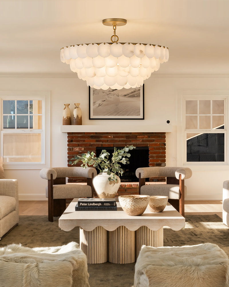 Cascada Alabaster Disc Multi Tiered Ceiling Light - Natural Spanish Alabaster, Semi Flush Mount, Lux Gold Trim - Living Rooms, Bedrooms & Dining Rooms