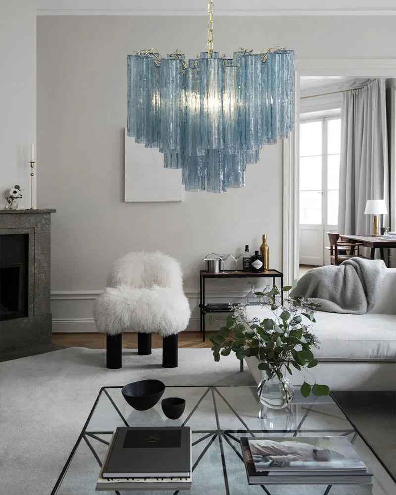 Cortina Series Cascading Chandelier | Multi-Tier Fluted Glass Handcrafted Fluted Murano-Inspired Blue Glass, Satin Brass for Grand Entrances and Dining Rooms American chandelier