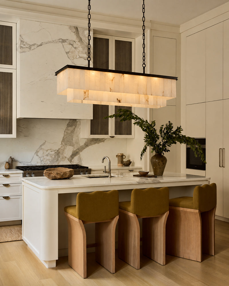 Stowe Alabaster Panel Tapered Canopy Linear Chandelier - Natural Spanish Alabaster, Serene Black Trim - Kitchen Islands & Dining Rooms