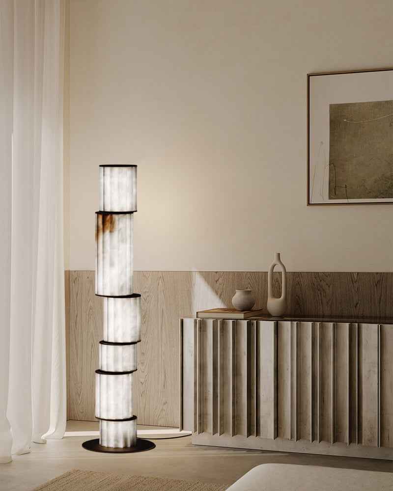 LightsStory Series Prismatic Pendant Light | Linear Natural luminous alabaster with leather strap suspension, Natural Alabaster finish for Dining tables, grand foyers, and high-end lobbies Modern Pendant lamp