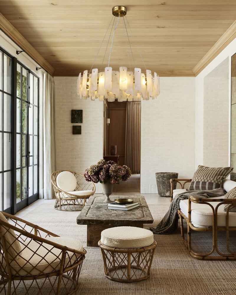 LightsStory Series Geometric Chandelier | Circular Smooth Natural Alabaster, Brass and Black frame with copper accents for Living Rooms and Dining Spaces Luxury Modern Chandelier