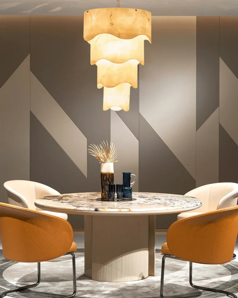 White Alabaster and Antique Brass Finish Layered Pendant Light Wide 18" Modern Pendant lamp