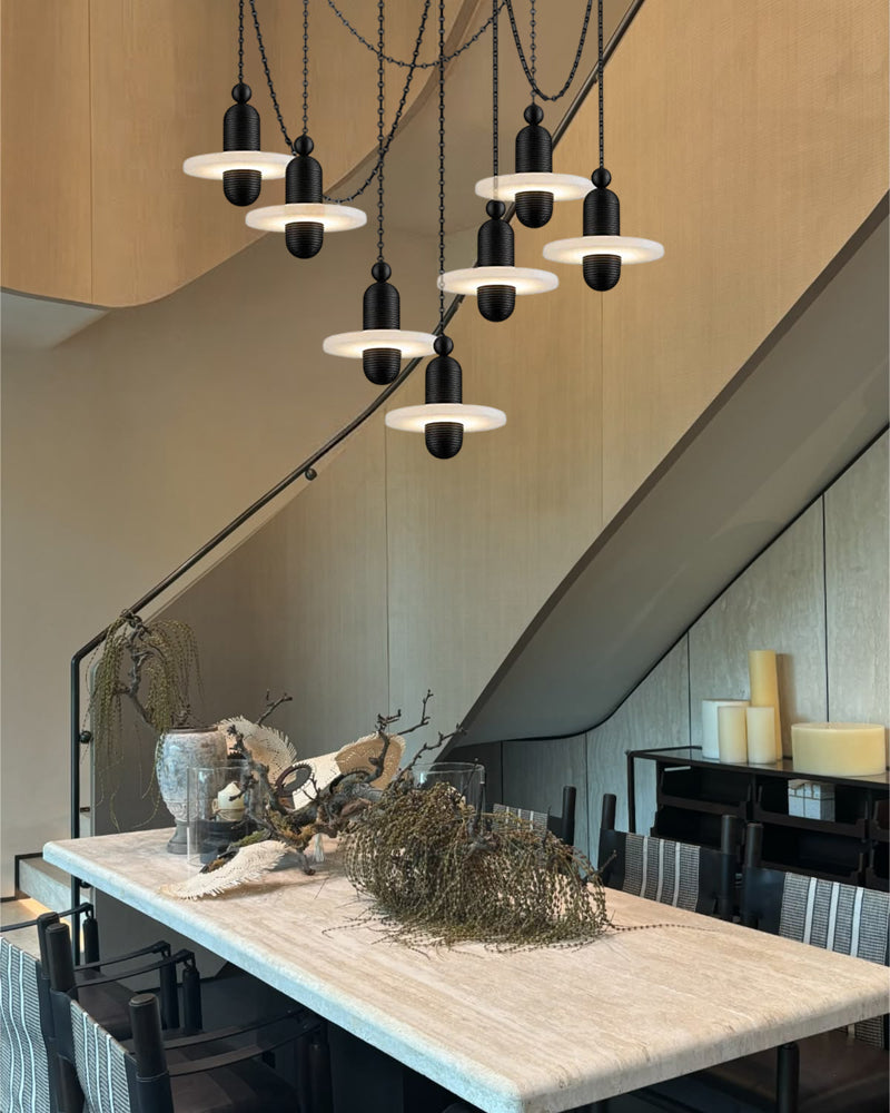 Alabaster Dual Tier Stacked Halo Disc Cluster Pendant Light - Natural Spanish Alabaster, Serene Black Trim - Kitchen Islands & Dining Rooms