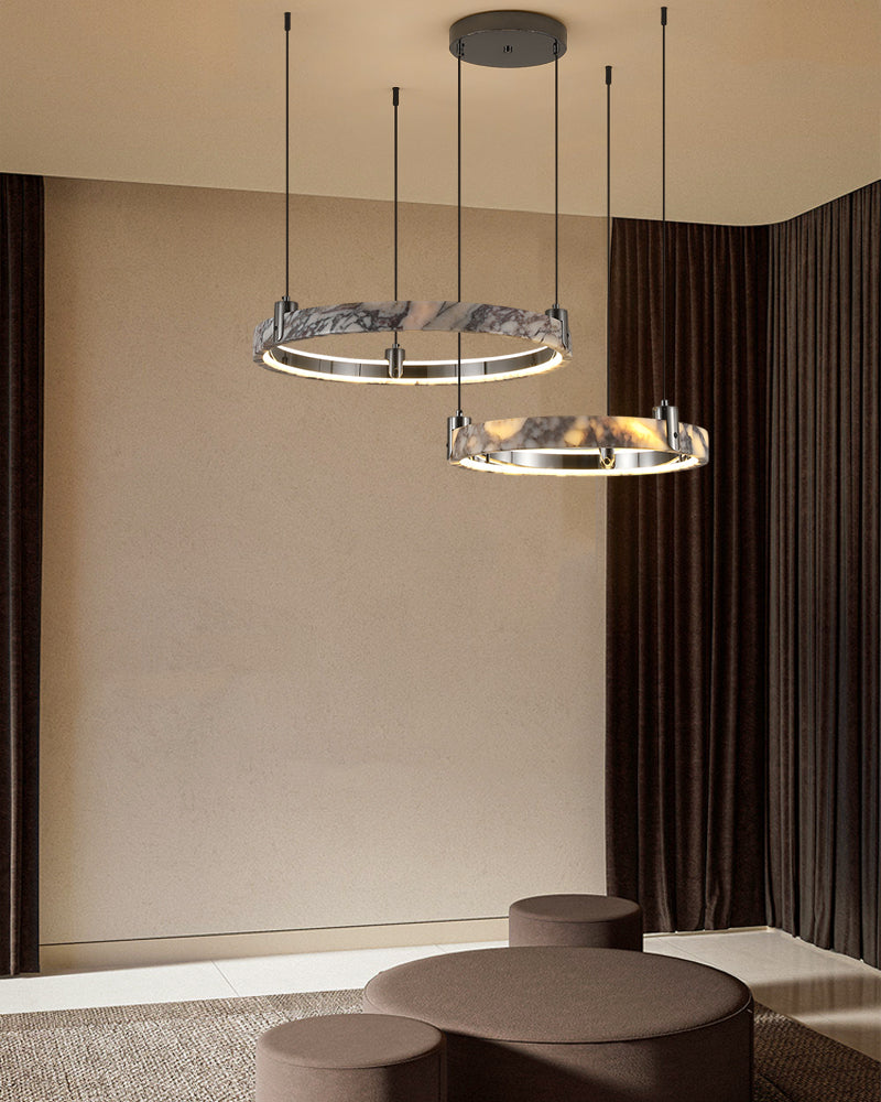 Luxury LED Double/Triple Ring Circle Marble Chandelier Aged Brass/Black Frame American chandelier