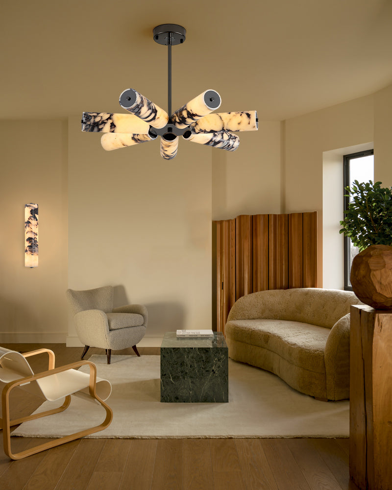 3/5/7-Light Chandelier in Soft Black/Brass with Marble Nature Shade for Living Spaces Luxury Modern Chandelier