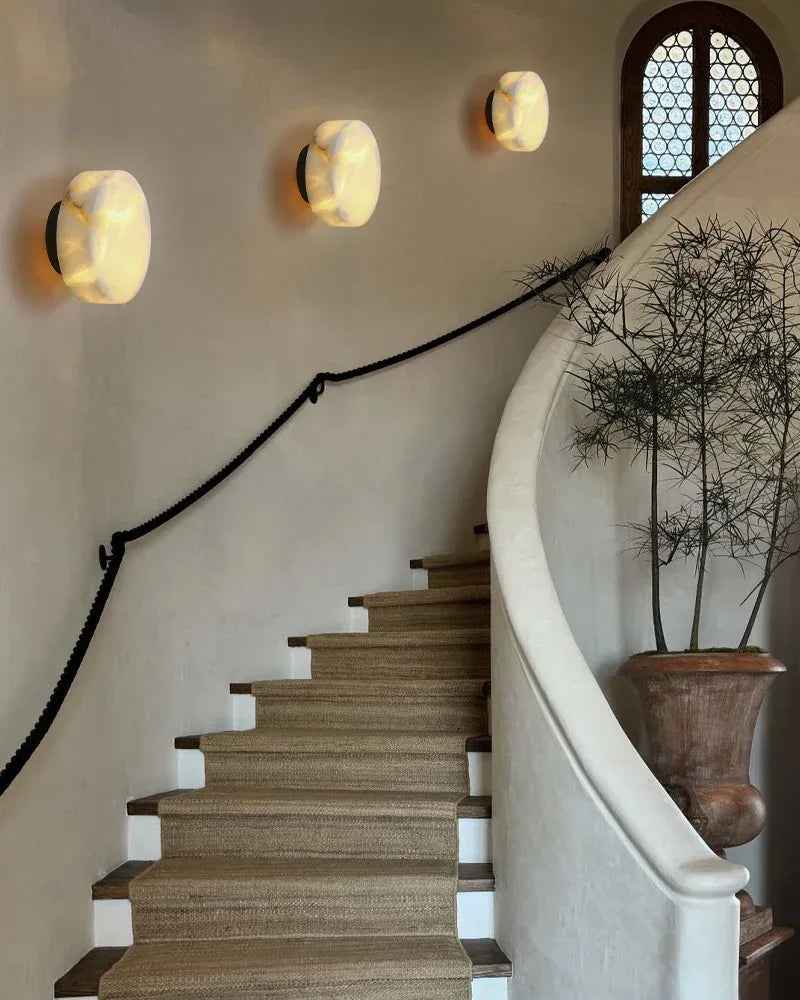 LightsStory Series Geometric Wall Sconce | Orb Natural Marble and Snowflake Gypsum, Premium Brass finish for Vanity Bathrooms and Living Rooms Modern Art Design Wall Lamp