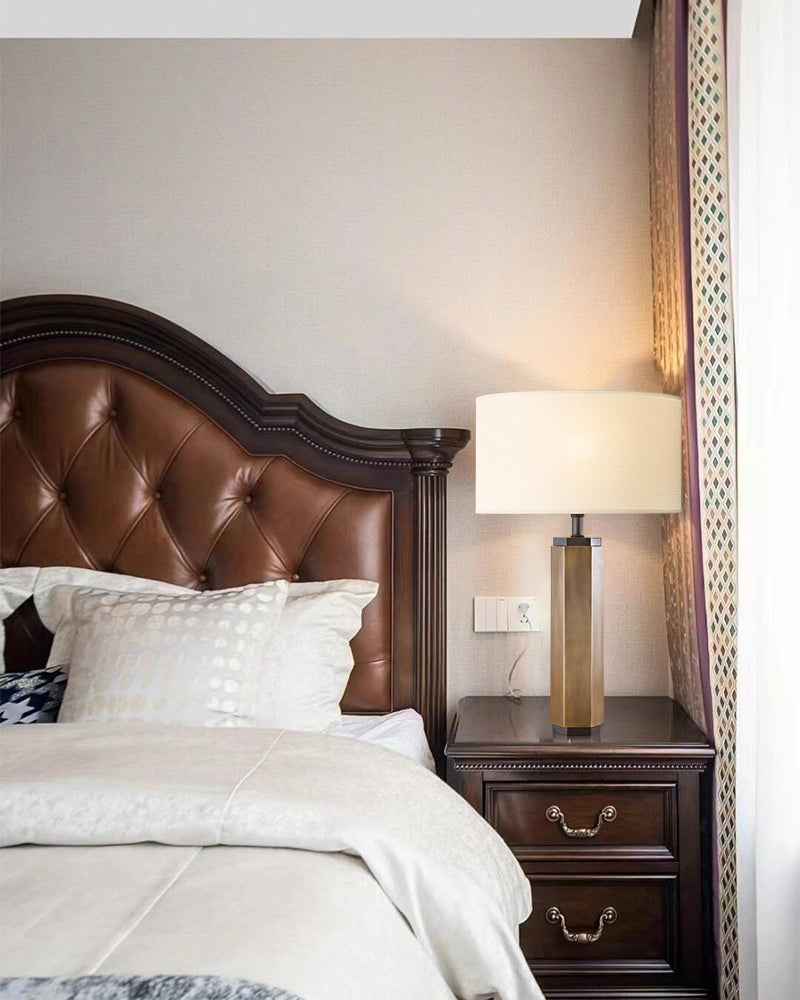 Hexagonal Column Table Lamp 5" in brass/black with fabric linen lampshade