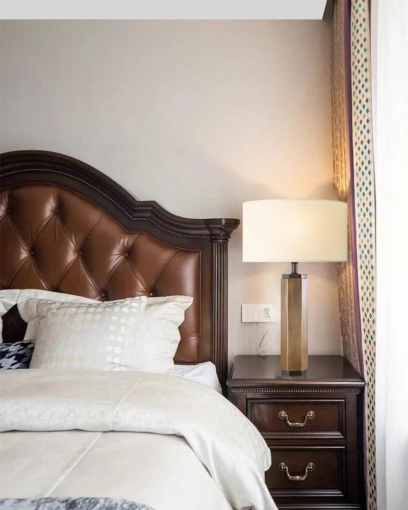 Hexagonal Column Table Lamp 5" in brass/black with fabric linen lampshade Vintage table lamp