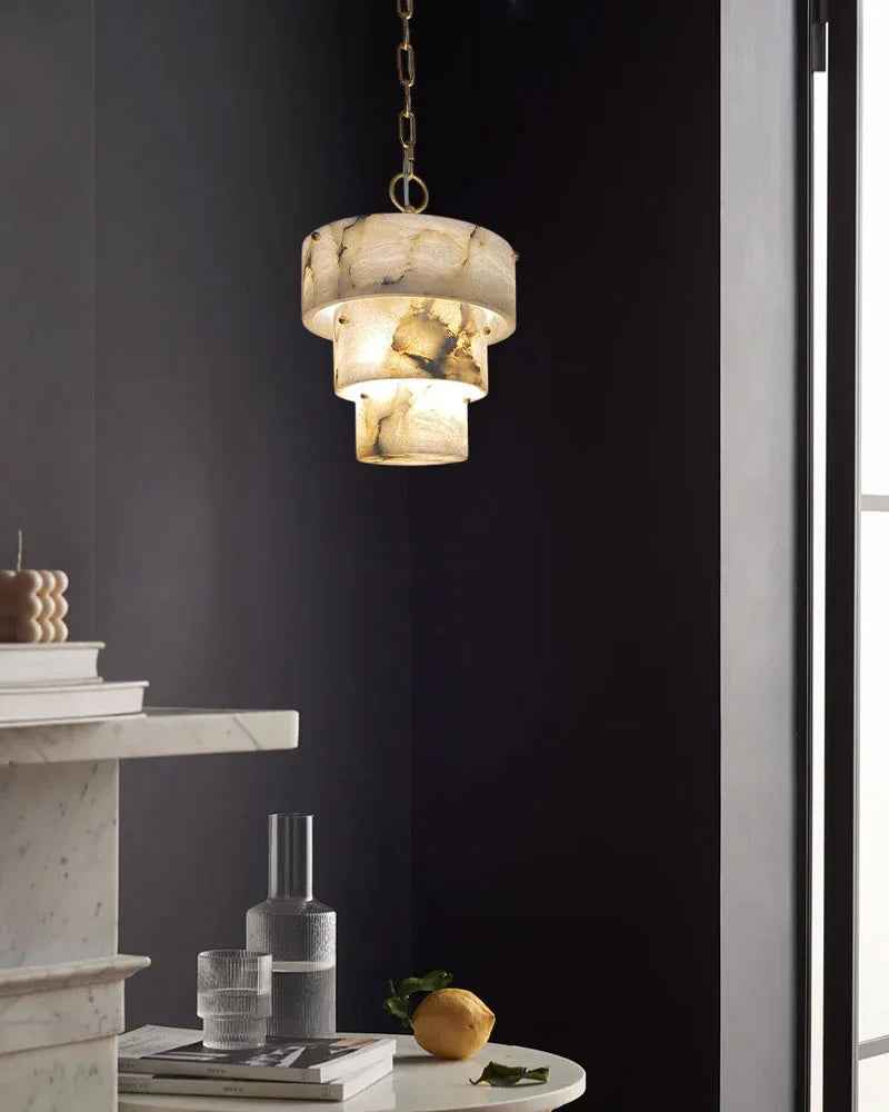 LightsStory Series Ethereal Chandelier | Triple Tier Alabaster Hand-carved natural alabaster with unique veining, Golden brass accents for Sophisticated dining rooms and cozy living spaces Modern Pendant lamp