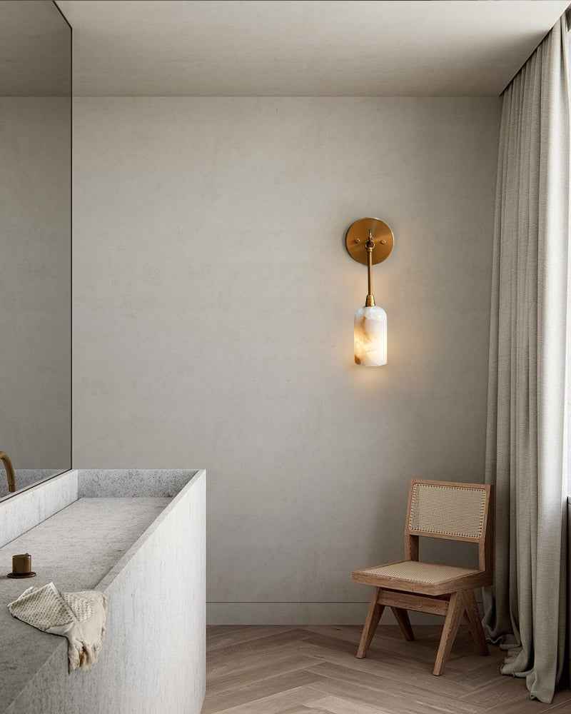 Graceful Alabaster & Brass Wall Sconce | Natural Marble Ambient Light | Mid-Century Modern Luxury Wall Lamp Flush Mounted Wall Sconce Lamp