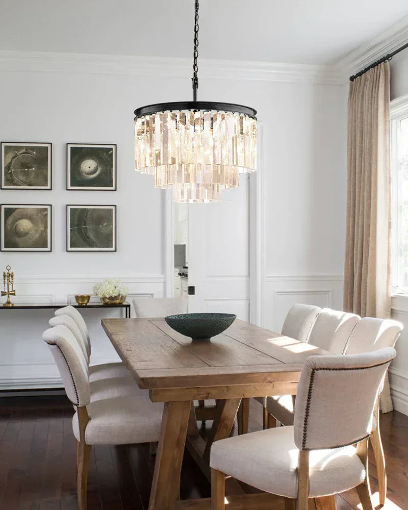 LightsStory Series Prismatic Chandelier | Five Tier Triangular Crystal Precision-cut clear triangular crystal rods and sturdy iron, Black iron finish for Grand Foyers and Dining Rooms American chandelier