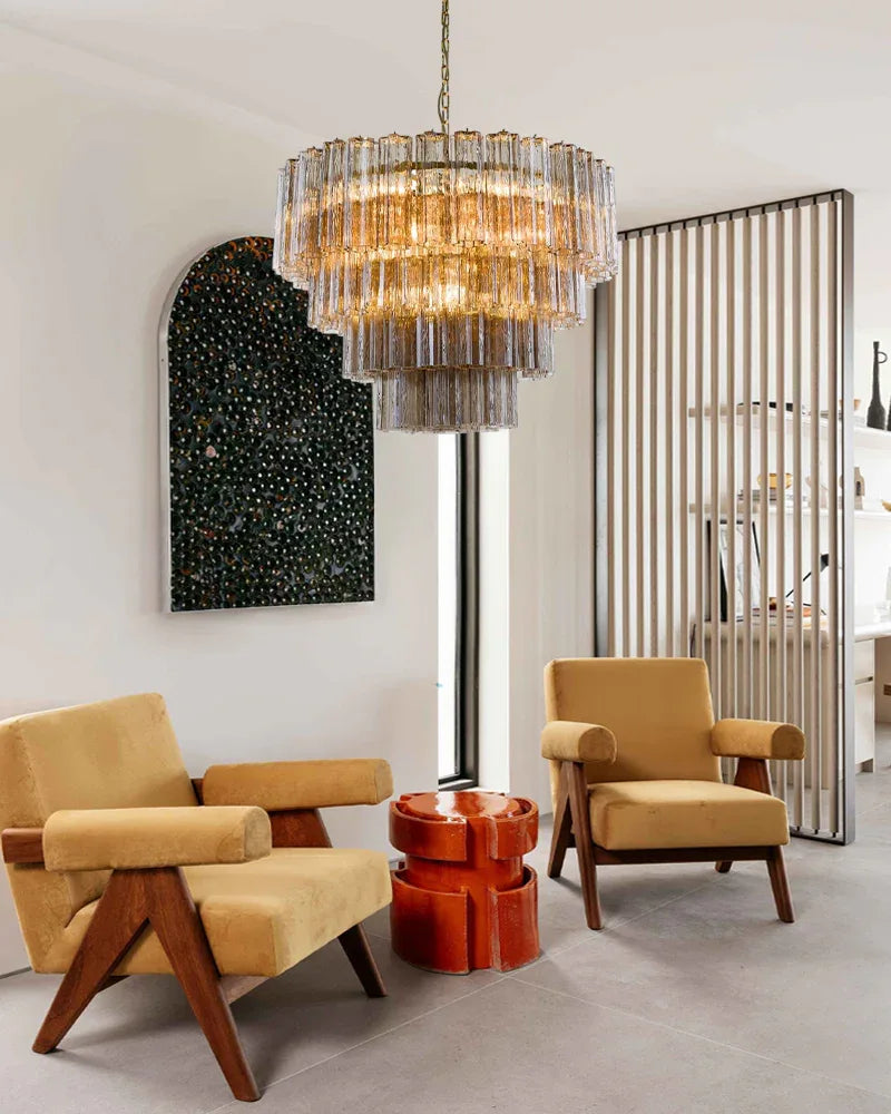 Luxury Tiered Smoked Glass Tube Murano Chandelier in Chrome Frame American chandelier