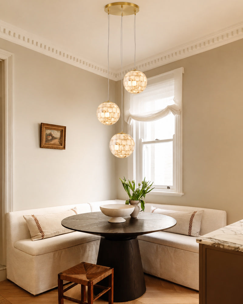 Alabaster Cascading Shell Globe Multi Ball Pendant Light - Natural Spanish Alabaster Spheres, Lux Gold Trim - Kitchens, Dining & Living Rooms