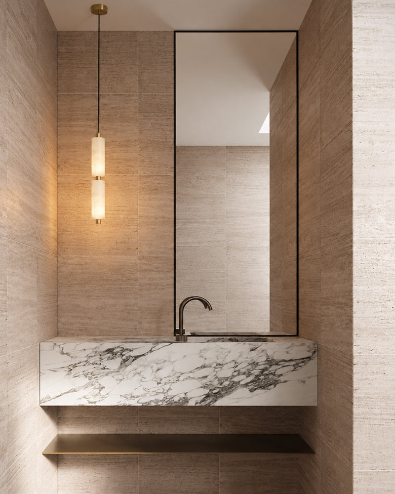 Hanging brass pendant light with vertical alabaster cylinder glass shades