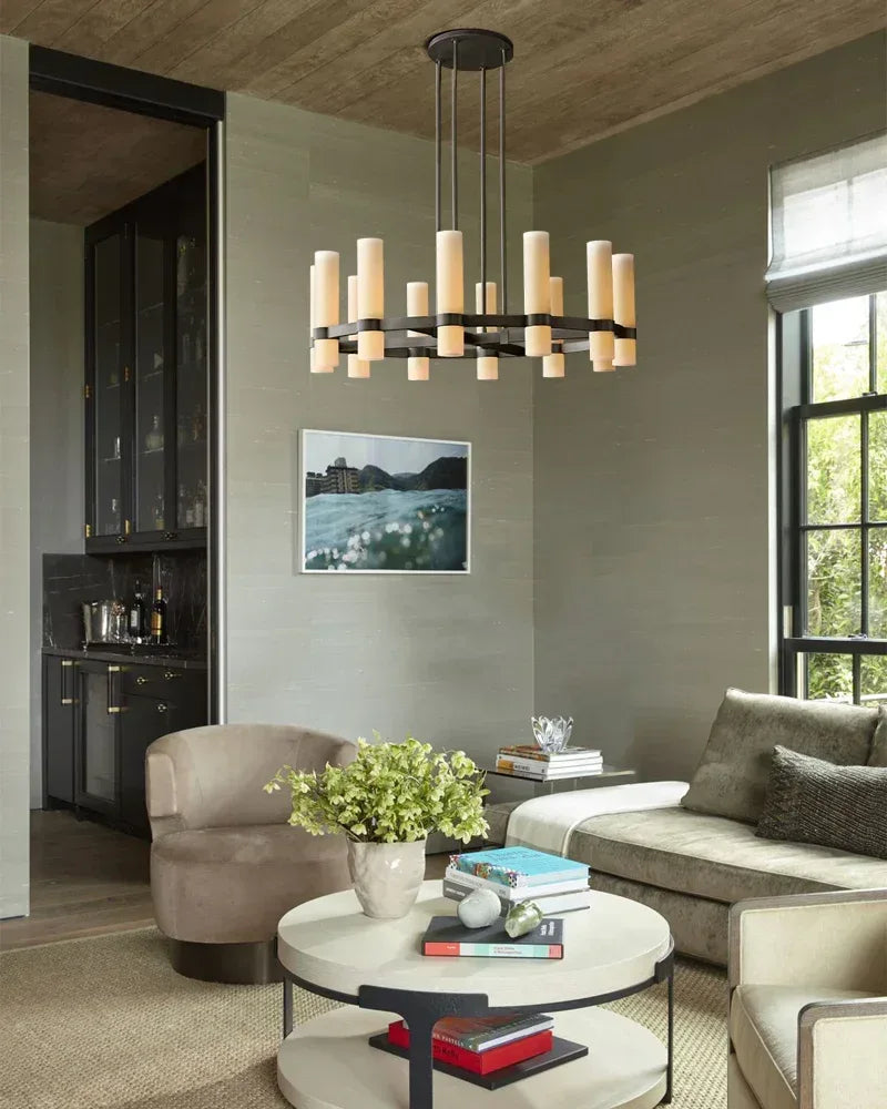 Farmhouse Rustic Milk Glass Linear Ravelle Chandelier Lacquered Brass/Black Metal American chandelier