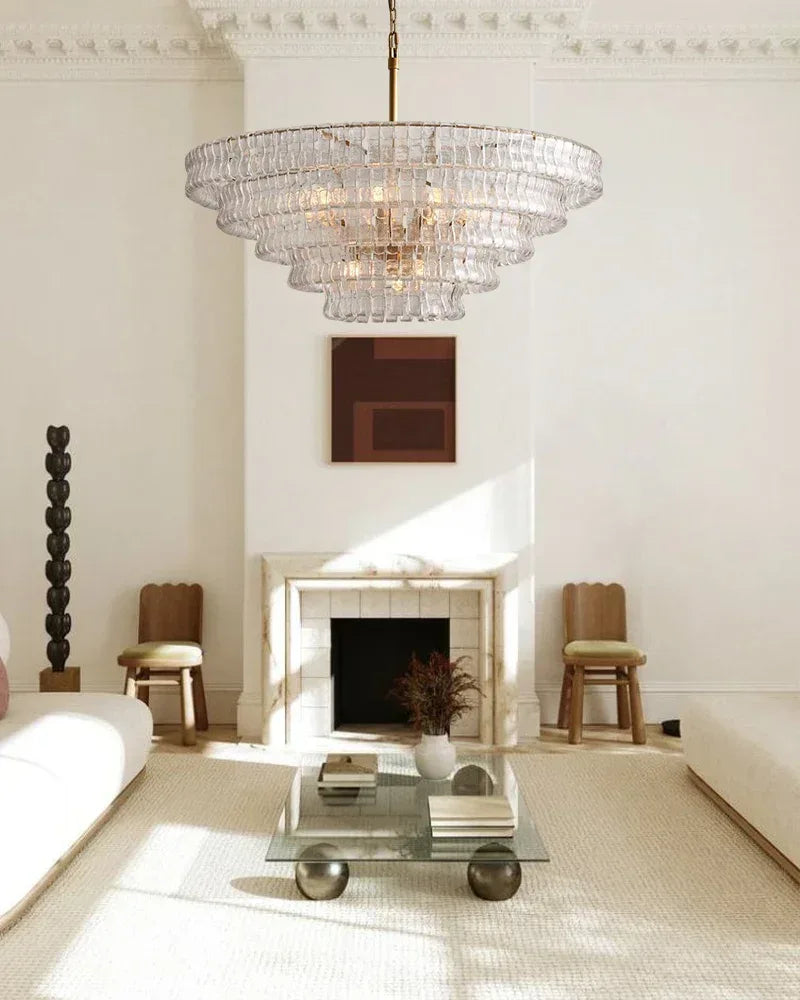 LightsStory Series Ethereal Chandelier | Tiered Round Textured Curved Glass and Aluminum Chain, Plated-Brass or Black Accents for Dining Rooms and Living Areas American chandelier