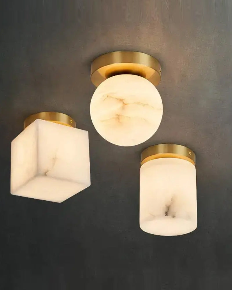 Alabaster Cube Ceiling Light - Natural Spanish Alabaster, Flush Mount, Heritage Brass Trim - Bedrooms, Hallways, Bathrooms & Living Rooms
