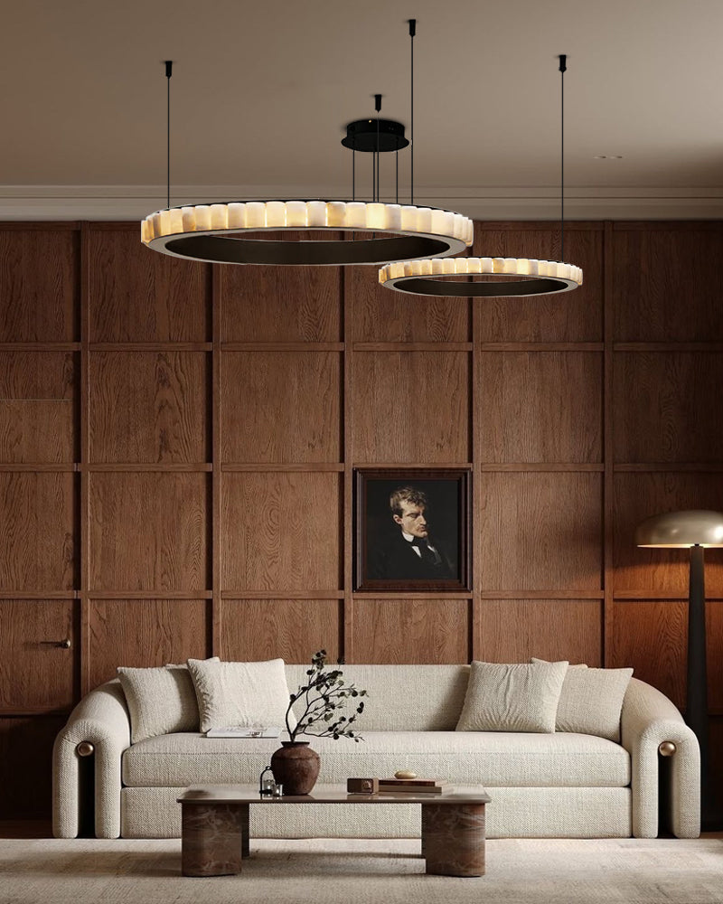 Natural Alabaster Marble Double Circular Chandelier | Black Steel Ring with long cord