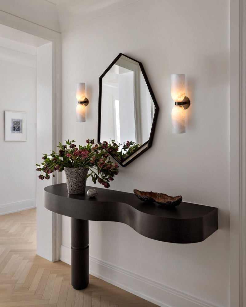 Double 2 lights Alabaster Tandem Wall Lamp in Unique Brass/Black Metal Framework
