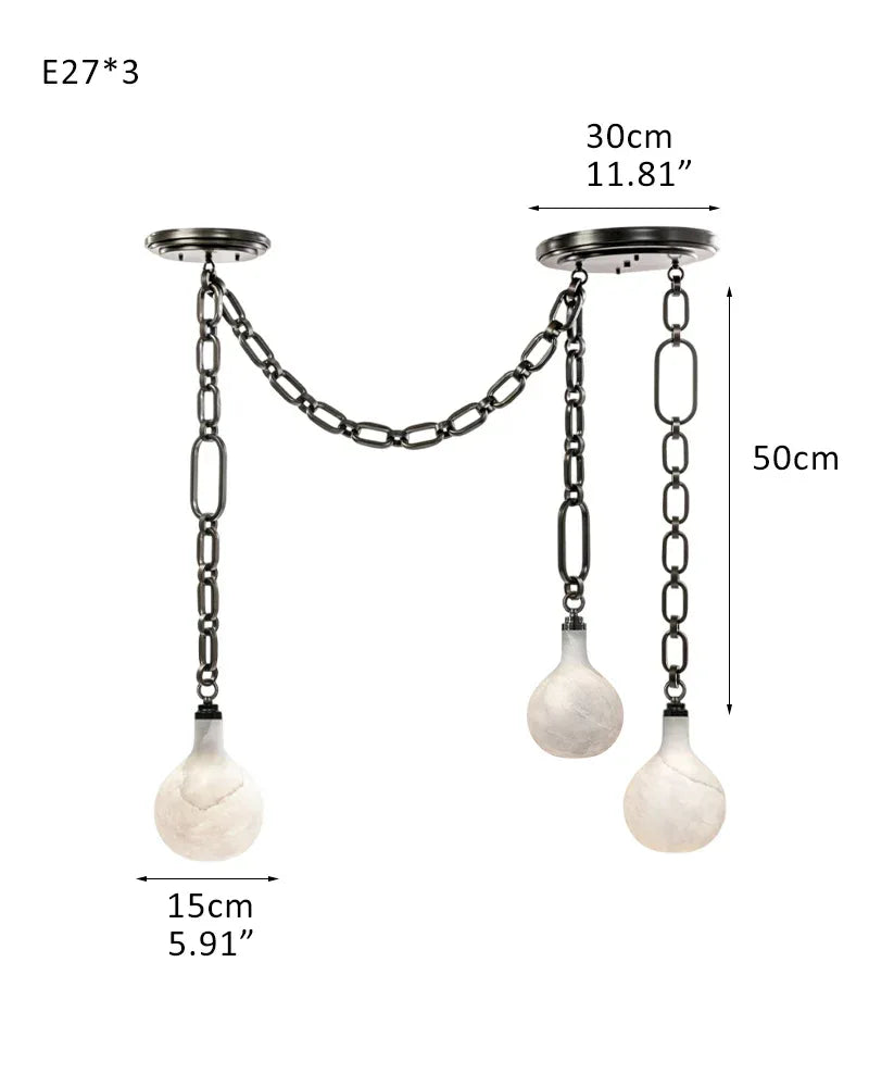 Cluster White Alabaster Globe Pendant Light with adjustable chain | 6" Living room Statement 3-light-D15cm D5.91"-B Black Chain + White American chandelier