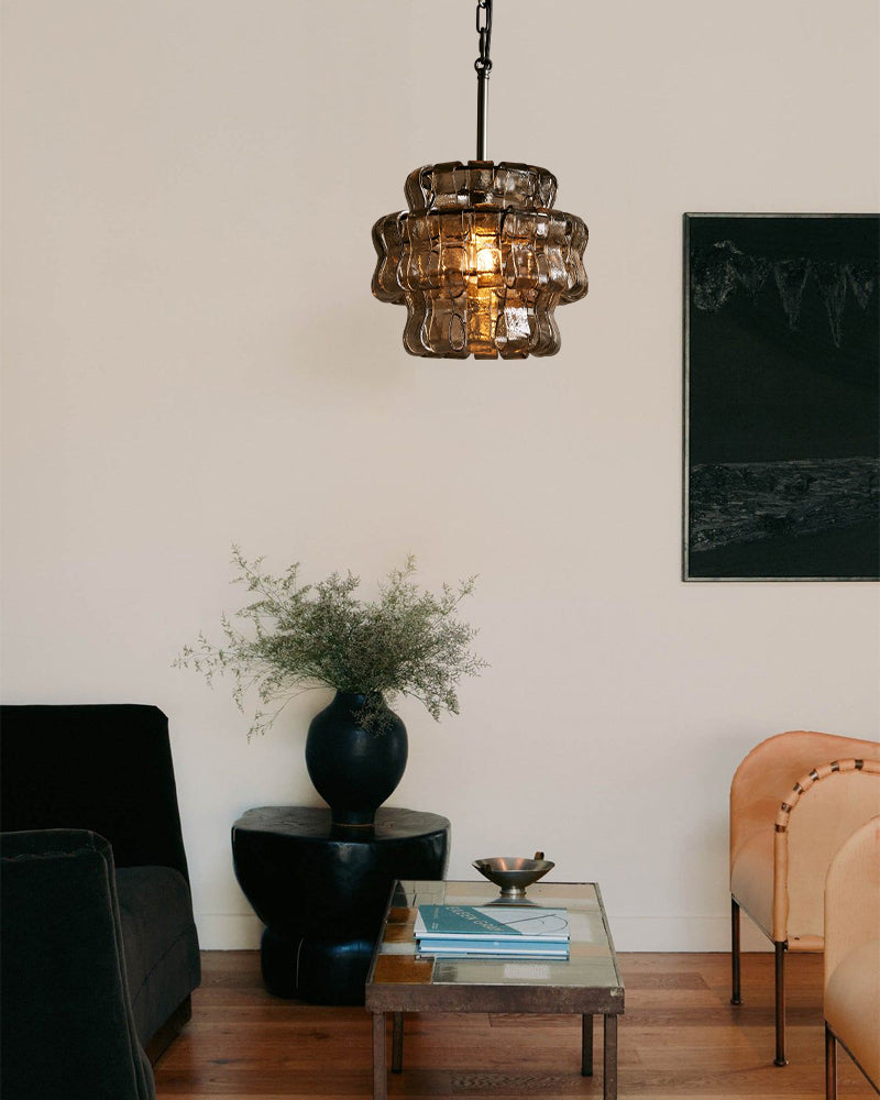 Ghiaccio Glass Round Chandelier Wide 12" in Brass/Bronze Aluminum Chain