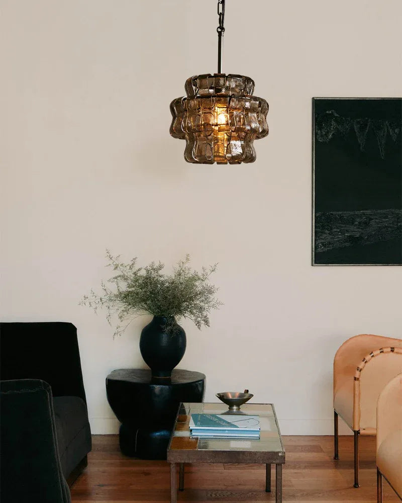 Ghiaccio Glass Round Chandelier Wide 12" in Brass/Black Aluminum Chain American chandelier